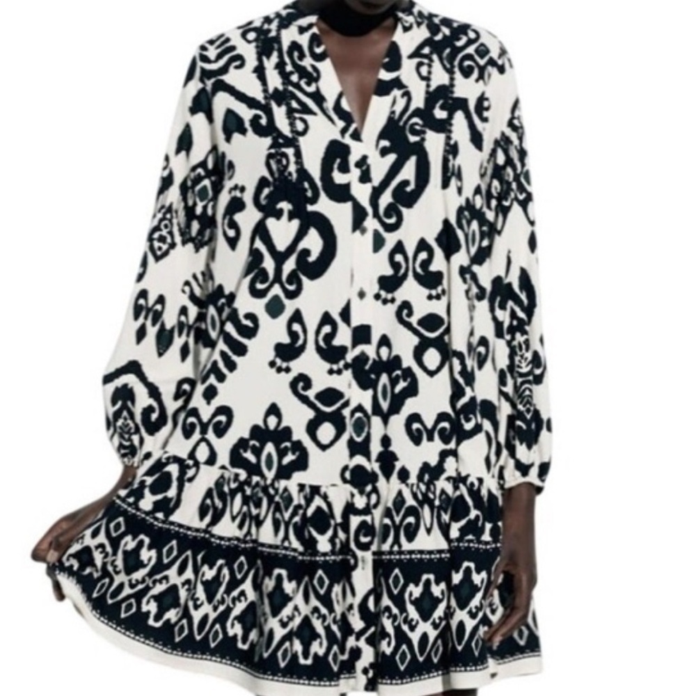 Zara Black and Cream Patterned Women's Dress - Picture 2 of 10